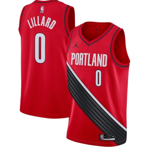 Jordan Portland Trail Blazers #0 Damian Lillard 2020/21 Swingman Jersey - Statement Edition - Red - Image 2