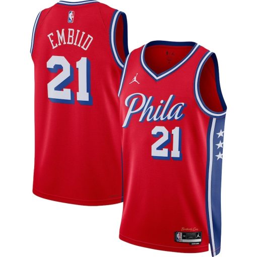 Jordan Philadelphia 76ers #21 Joel Embiid Unisex Swingman Jersey - Statement Edition - Red - Image 3