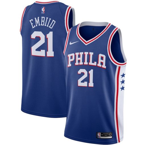 Nike Philadelphia 76ers #21 Joel Embiid 2019/2020 Swingman Jersey - Icon Edition - Royal - Image 3